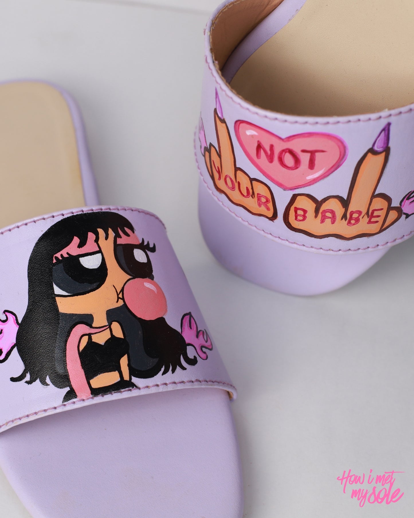 Hand-Painted Not Your Babe Slides - CloseUp