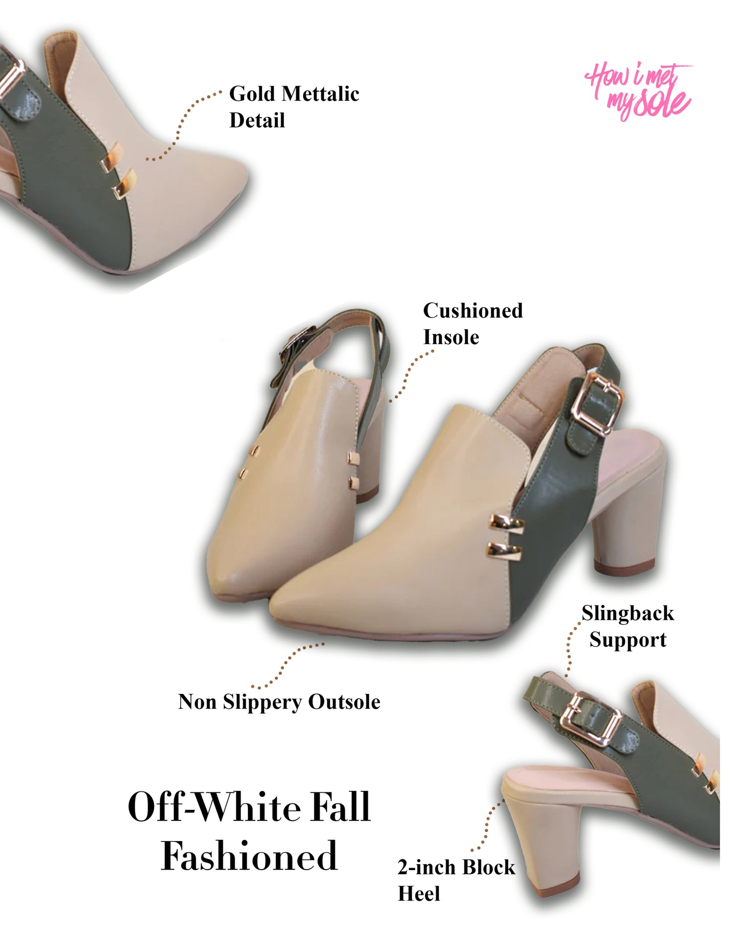 Off White Fall Fashioned Pump Pointed Toe Block Heel - Details