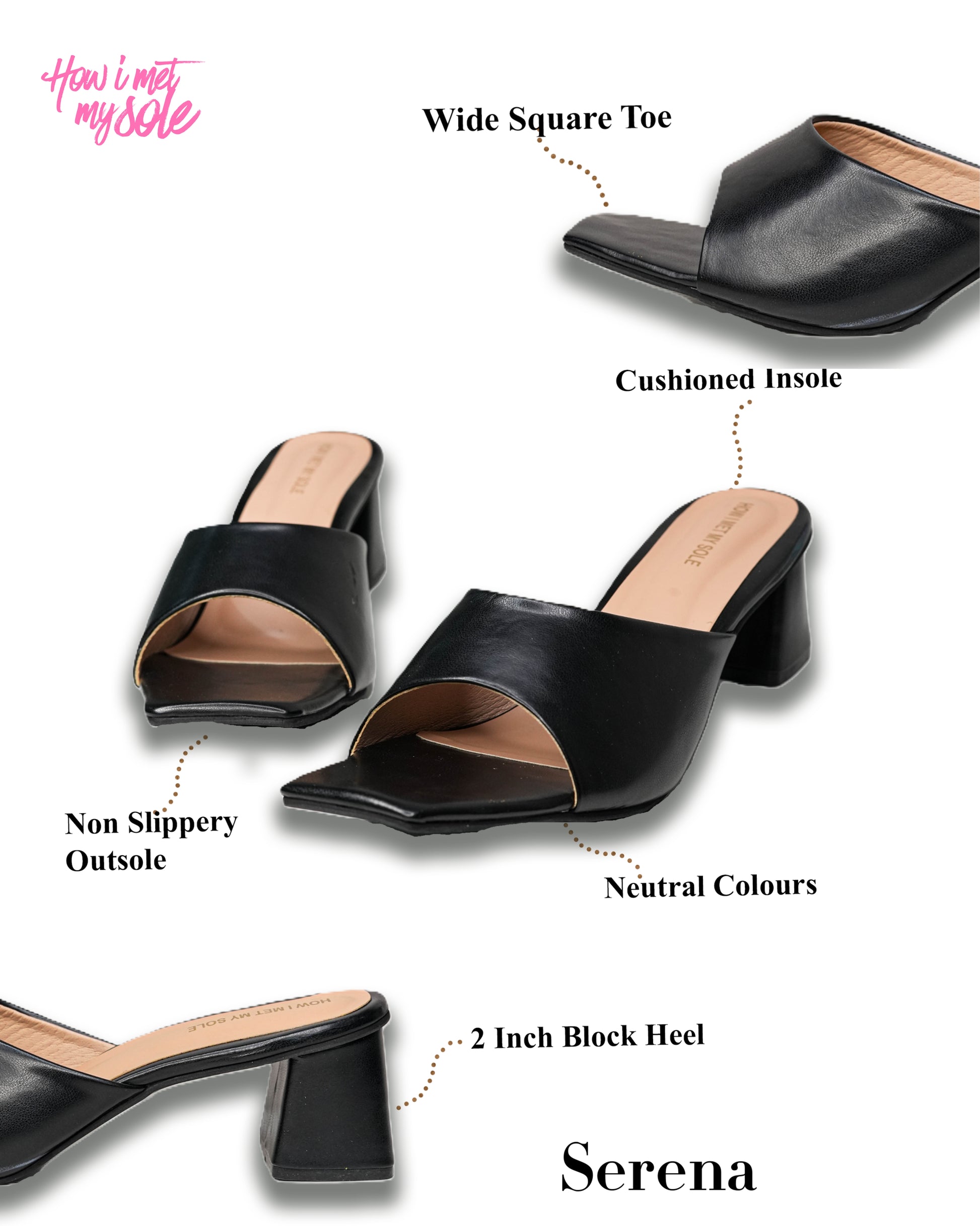 Serena Black Open Toe Block Heels - Details