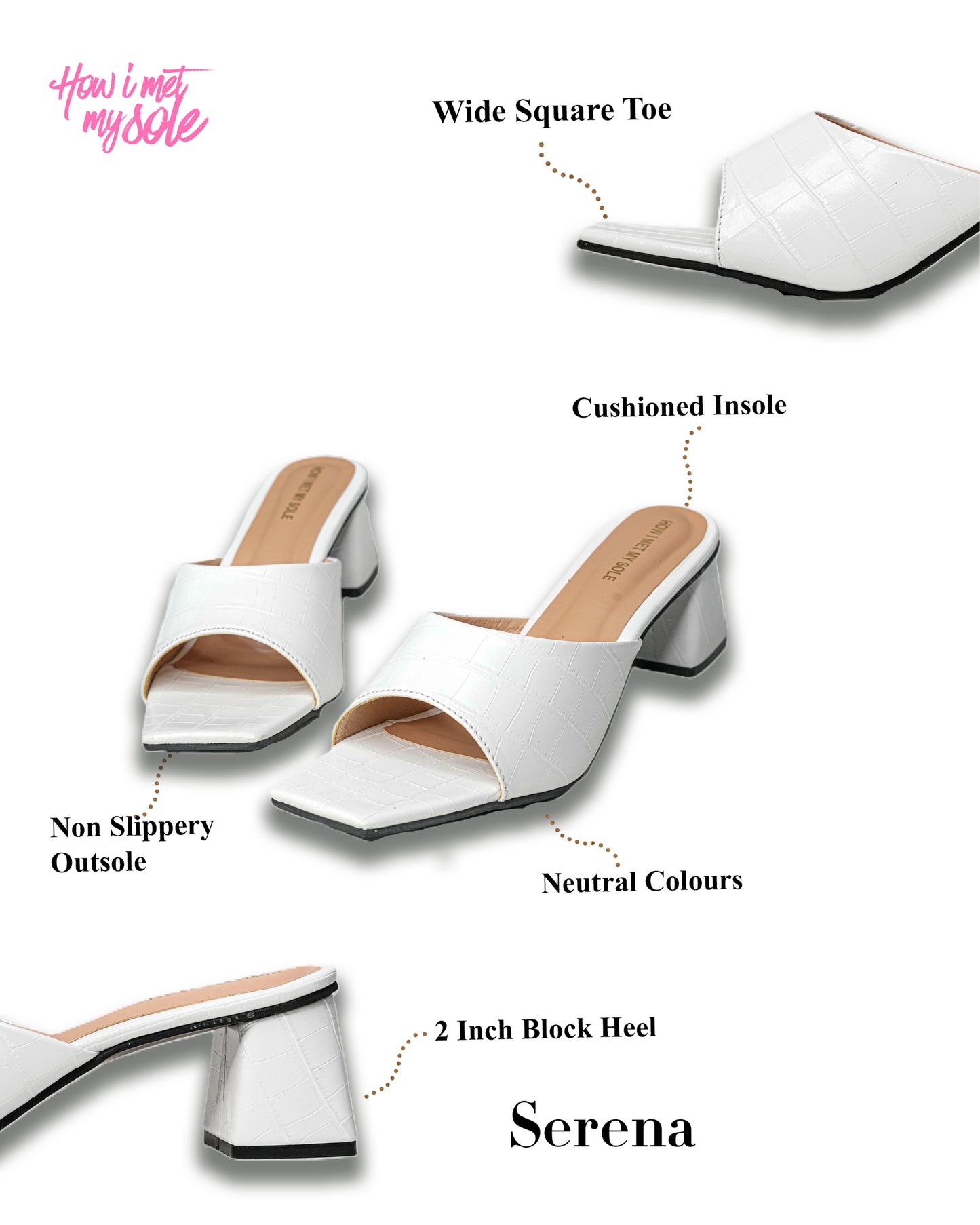 Serena White Open Toe Block Heels - Details