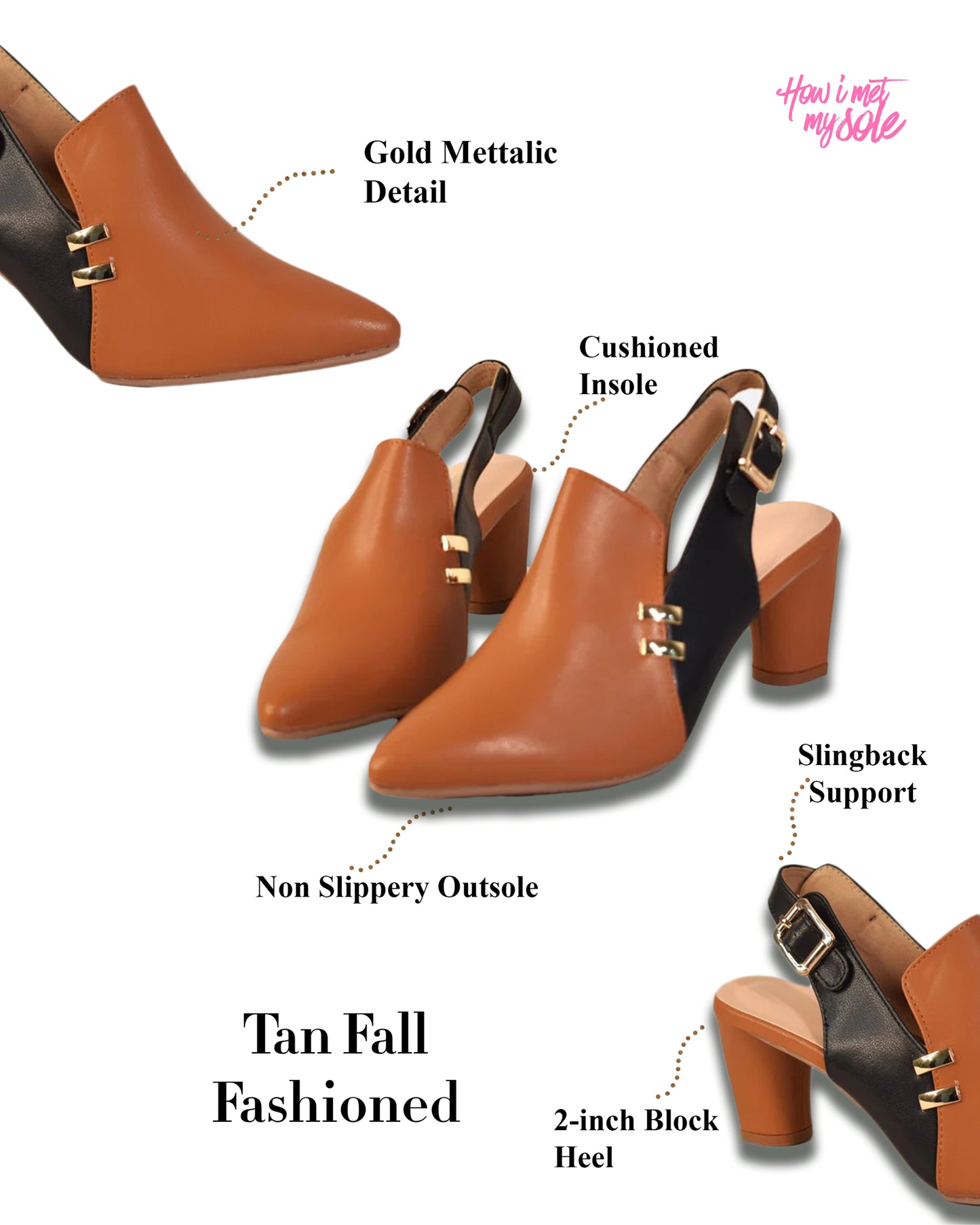 Tan Fall Fashioned Pump Pointed Toe Block Heel - Details