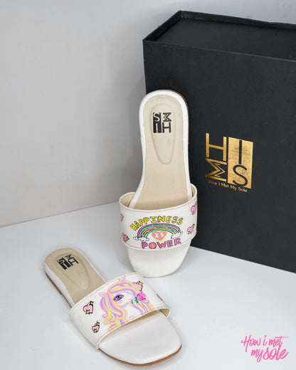 Hand-Painted Whimsy Bliss: Unicorn Rainbow Slides - "Happiness is power" - With Box