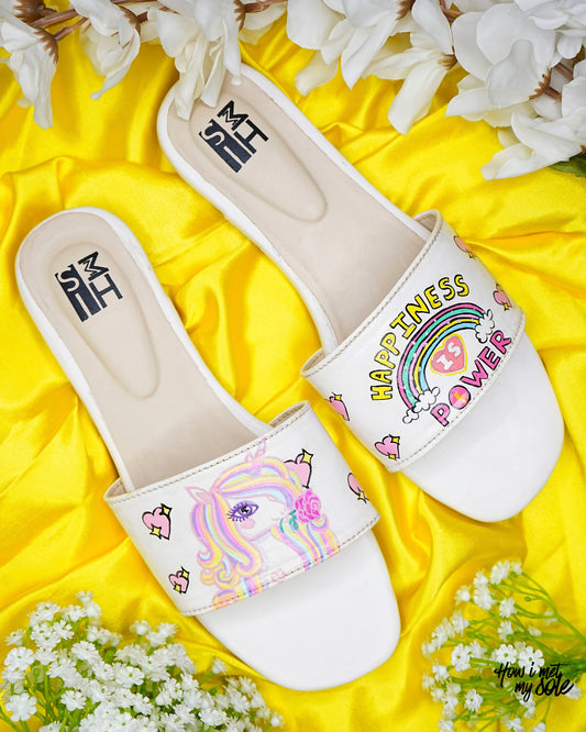 Hand-Painted Whimsy Bliss: Unicorn Rainbow Slides/Slipper - "Happiness is power" - Top