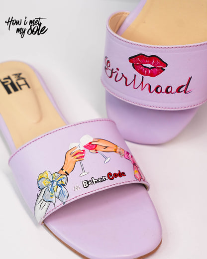 Purple slides with graphic designs and text on a white background