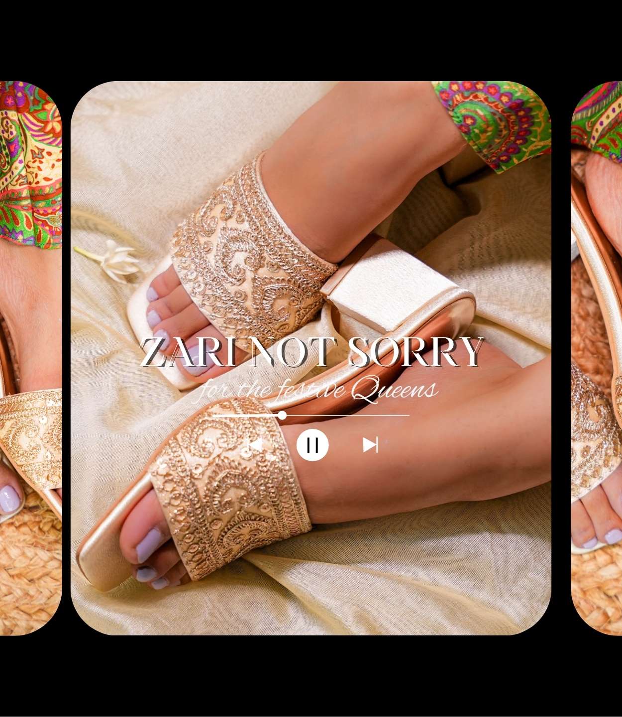 Elegant gold sandals with intricate designs worn by a person, on a light fabric background. (Zari Not Sorry for the festive queens - Mobile Banner)